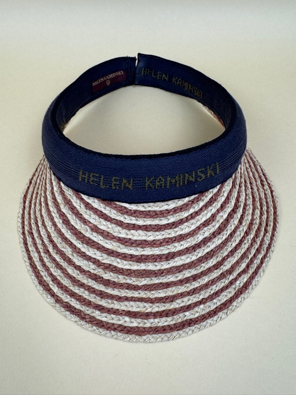 Helen Kaminski Raffia Sun Visor Hat Striped Navy Blue Calabasas Estate Find